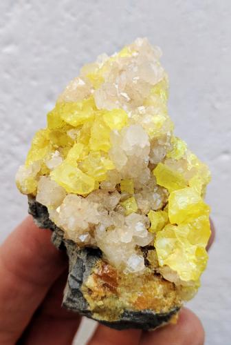 Azufre, Celestina<br />Cáucaso Mine, Conil Mines, Conil de la Frontera, Comarca La Janda, Cádiz, Andalusia, Spain<br />6,0 x 4,0 x 3,5 cm.<br /> (Autor: Carles)