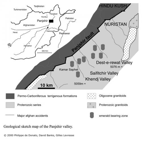Geological sketch of Panjshir emerald deposit area

In accord to referenced paper, Kamar Safed (White Rock in Dari language) is a mine in the right margin of Khenj river which is the main emerald mining area in Panjshir

Extracted from:
Bruno Sabot, Alain Cheilletz, Philippe de Donato, David A. Banks, Gilles Levresse, Odile Barrès†. (2000) Afghan emeralds face Colombian cousins. Chronique de la Recherche Minière 541. 111-114 (Author: Josele)