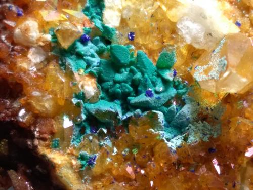 Calcite, Malachite, Azurite<br />Brixlegg, Kufstein District, Inn Valley, North Tyrol, Tyrol/Tirol, Austria<br />62 x 35 mm<br /> (Author: Sante Celiberti)