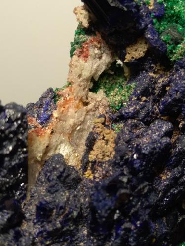 Azurite, Malachite, Tsumcorite, Schultenite, Beaverite-(Cu), Copper, Zincolivenite, Keyite, Calcite<br />Tsumeb Mine, Tsumeb, Otjikoto Region, Namibia<br />85 x 75 mm<br /> (Author: Sante Celiberti)