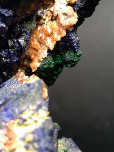 Azurite, Malachite, Tsumcorite, Schultenite, Beaverite-(Cu), Copper, Zincolivenite, Keyite, Calcite<br />Tsumeb Mine, Tsumeb, Otjikoto Region, Namibia<br />85 x 75 mm<br /> (Author: Sante Celiberti)