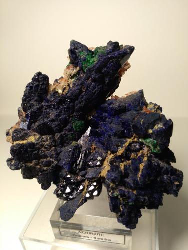 Azurite, Malachite, Tsumcorite, Schultenite, Beaverite-(Cu), Copper, Zincolivenite, Keyite, Calcite<br />Tsumeb Mine, Tsumeb, Otjikoto Region, Namibia<br />85 x 75 mm<br /> (Author: Sante Celiberti)