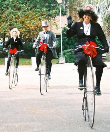 Caitlin, Jim and Gail riding in festival in Galveston, Texas. Victorian. (Author: Gail)