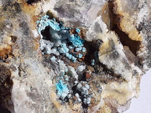 Chrysocolla, Quartz, Fluorite<br />Yongping Mine, Yongping, Yanshan, Shangrao Prefecture, Jiangxi Province, China<br />6 x 5,5 cm<br /> (Author: Volkmar Stingl)