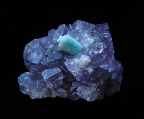 other view,difficult to see,but I think there was a bigger amazonite crystal,that has dissapeard,there is the negative shape on the fluorite. (Author: parfaitelumiere)