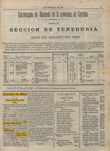 Anuncio de la solicitud de la concesión "Cerro Muriano", nº 3689, indicando la designación de los terrenos e indicando los parajes, publicado en el BOP de Córdoba de 24/02/1897. Nótese que he marcado en amarillo el paraje "Suerte Lentisca", repetido hasta 3 veces en el anuncio y siempre con "a" no con "o" (Autor: Inma)