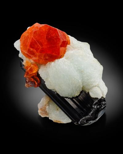 Spessartine on Schorl and Albite (variety cleavelandite)<br />Little Three Mine, Hercules-Spessartine Dike, Ramona, Ramona District, San Diego County, California, USA<br />8 x 5 x 4.5 cm / main crystal: 3.0 cm<br /> (Author: MIM Museum)