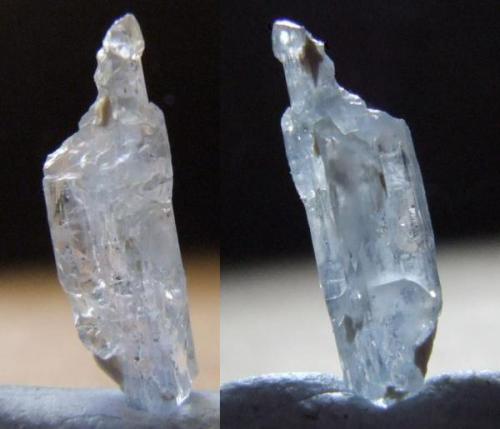 This one is Jeremejevite for sure, it seems to have a sceptred termination. size 9 x 2.5 x 2 mm, I tried to capture the Pleochroism in this photo with partial success. (Author: nurbo)