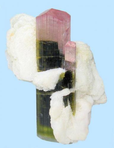 Elbaite, albite
Stak Nala, Haramosh Mountains, Skardu, Gilgit-Baltistan, Pakistan
62 mm x 39 mm x 38 mm (Author: Carles Millan)