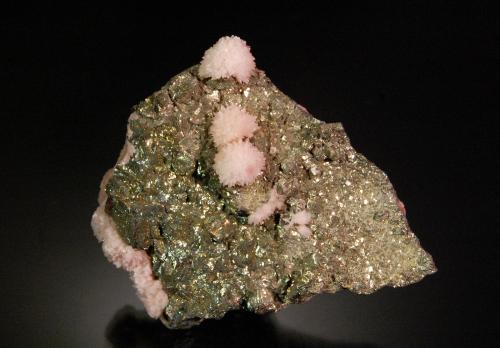 Rhodochrosite on Pyrite<br />N'Chwaning II Mine, N'Chwaning mining area, Kuruman, Kalahari manganese field (KMF), Northern Cape Province, South Africa<br />4.9 x 3.9 x 1.3 cm<br /> (Author: Michael Shaw)