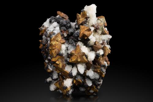 Tetrahedrite (Group) coated by Chalcopyrite and with Quartz and Galena<br />Herodsfoot Mine, Lanreath, Liskeard, Cornwall, England / United Kingdom<br />8 x 12 x 10 cm / main crystal: 2.1 cm.<br /> (Author: MIM Museum)