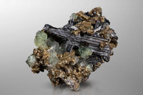 Cosalite with Muscovite and Fluorite<br />Kara-Oba, Betpak-Dala (Bet-Pak-Dala) Desert, Karaganda Region, Kazakhstan<br />5 x 4 x 3 cm / main crystal: 3.3 cm<br /> (Author: MIM Museum)