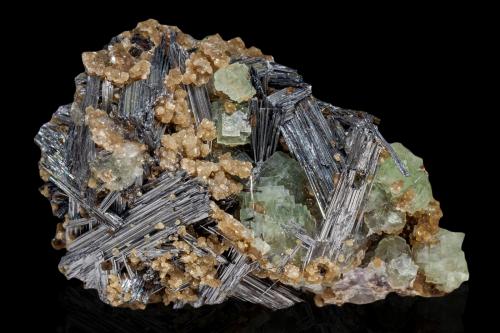 Cosalite with Muscovite and Fluorite<br />Kara-Oba, Betpak-Dala (Bet-Pak-Dala) Desert, Karaganda Region, Kazakhstan<br />5 x 4 x 3 cm / main crystal: 3.3 cm<br /> (Author: MIM Museum)