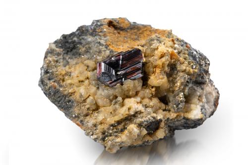 Rutile<br />Rhoneschlucht (Rhône gorge), Ernen, Goms, Wallis (Valais), Switzerland<br />8 x 6.5 x 5 cm / main crystal: 2.1 cm<br /> (Author: MIM Museum)