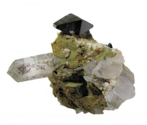 Anatase, Quartz<br />Monte Zard, Montes Ras Koh, Distrito Kharan, Balochistan (Baluchistan), Paquistán<br />43 mm x 35 mm. Anatase crystal:13.5 mm long. Quartz crystal: 17 mm.<br /> (Author: Carles Millan)