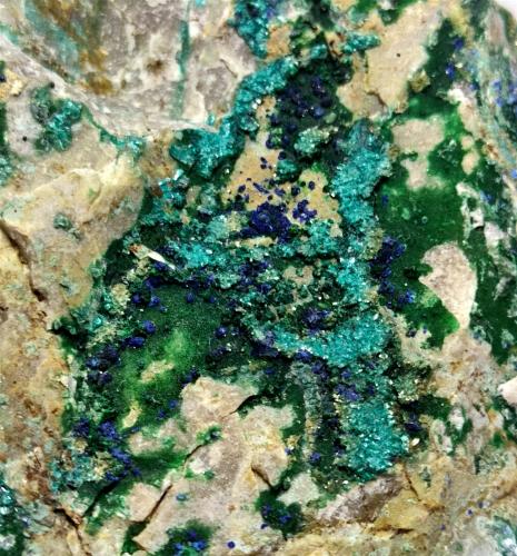 Tirolita [Tyrolita], Conicalcita [Conichalcite], Azurita [Azurite]<br />Mina La Encontrada, Los Tejares, Ítrabo-Molvízar, Comarca Costa Granadina, Granada, Andalusia, Spain<br />9x5 cm.<br /> (Autor: panchito28)