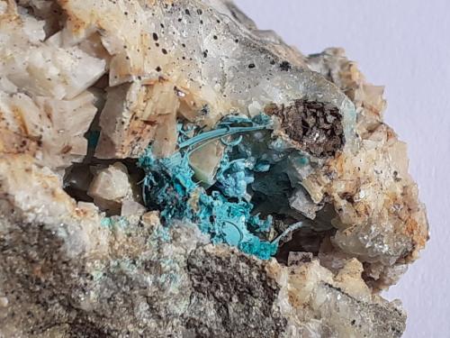 Malachite, Dolomite, Calcite<br />Ringenwechsel Mining District, Troi, District Schwaz, Inn Valley, North Tyrol, Tyrol/Tirol, Austria<br />FoV ca. 3 x 2 cm<br /> (Author: Volkmar Stingl)