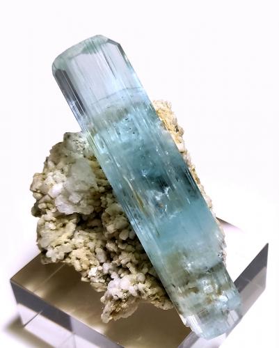 Beryl, Albite, Quartz, Schorl<br />Shengus (Shingus), Roundu District, Gilgit-Baltistan (Northern Areas), Pakistan<br />74 mm x 46 mm. Beryl crystal size: 74 mm tall, 18 mm wide. Mass (weight): 94 g<br /> (Author: Carles Millan)