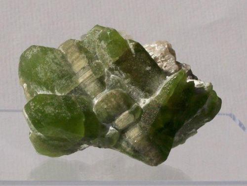 Olivine series, Forsterite var.Peridot with Calcite; Sapat Gali (Soppat), Kohistan, Pakistan.
50x35x33mm, 56g. GN’s collection id 09PKOcm01.
Taken in direct sunlight. (Author: Gerhard Niklasch)