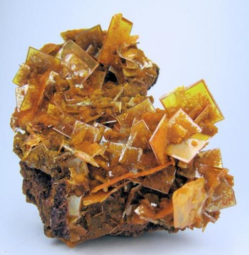 Wulfenite, mimetite
San Francisco Mine, Cerro Prieto, Cucurpe, Sonora, Mexico
65 mm x 50 mm. Main wulfenite crystal: 14 mm on edge (Author: Carles Millan)