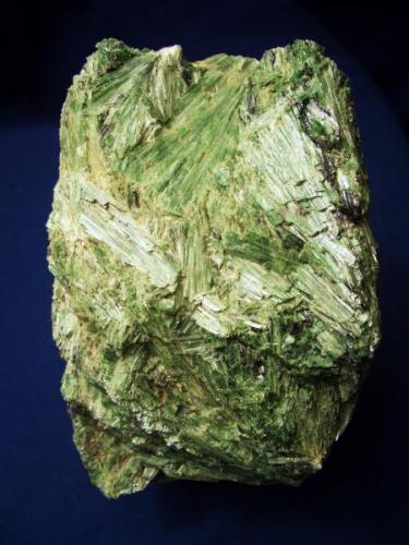 This bright green "jackstraw" crystal aggregate of Actinolite I picked up along the Kobuk River near the Village of Deering in western Alaska in 1994. It is 4 1/2" x 3" x 2 1/2" (11.7cm x 7.6cm x 6.4cm) (Author: Jim Prentiss)
