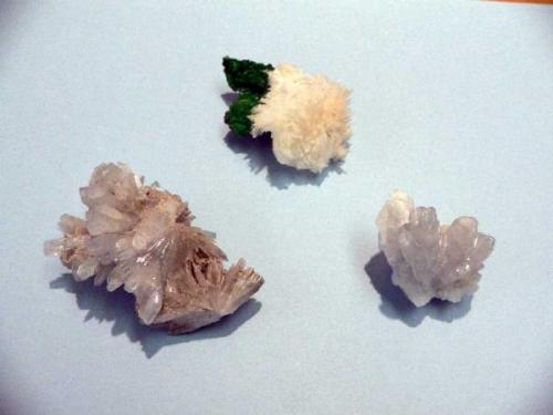 Left: celestine, Billie Mine, Death Valley, Inyo County, California USA
Middle: aragonite, Gold Hill Mine, Tooele County, Utah, USA
Right: celestine, Billie Mine. (as above) (Author: Wynnek)