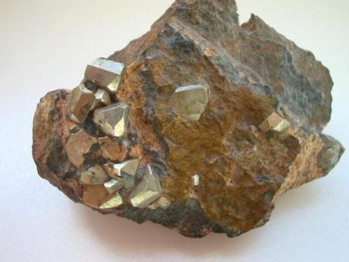 Pyrite combinations (up to 1 cm) in chamosite ("thuringite") from Schwarze Crux mine, Schmiedefeld, Thuringia. With old label from F. Krantz Mineralienkontor (about 1930). (Author: Andreas Gerstenberg)