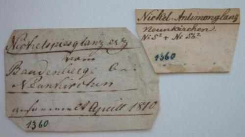 Two old Senckenberg museum labels. The translation of the text as follws: Nickelspießglanzerz (an old German name for ullmannite) from the Baudenberg hill near Neunkirchen/collected in April 1810. (Author: Andreas Gerstenberg)