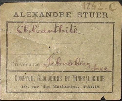 Alexandre Stuer label (1890) of a Schneeberg chloanthite. (Author: Andreas Gerstenberg)