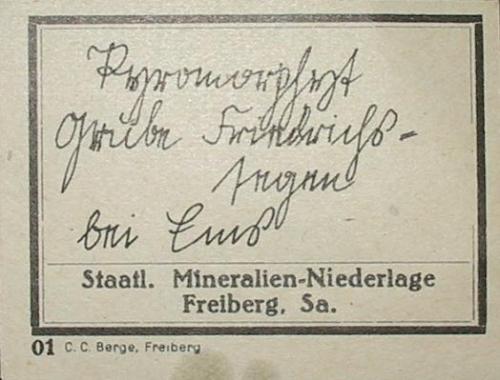 Another rare design of a Bergakademie label is this one of a Bad Ems pyromorphite (from Friedrichssegen mine). (Author: Andreas Gerstenberg)