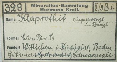 1940s Hermann Kraft (Berlin) label of a klaprothite (mixture of wittichenite and emplectite) from Daniel mine, Wittichen, Black Forest (type locality). (Author: Andreas Gerstenberg)