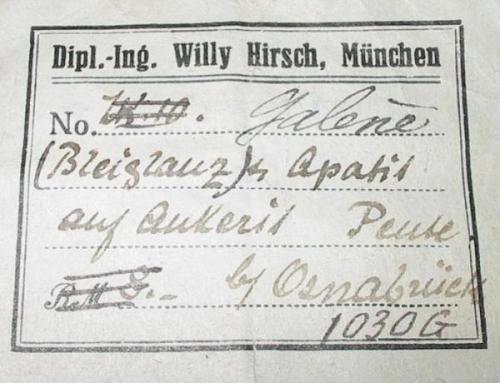 This galena from Pente has done a real world trip. Found at Pente near Osnabrück/Lower Saxony it came to the Munich collector Willy Hirsch. As you see, there are some french additions on the label. These were written by the Paris mineral dealer Neree Boubee. Then the Sorbonne bought the specimen, sold it later to the German dealer Fritz Krantz. It was bought then from the collector Richartz in Cologne, who left it to the Berlin mineral dealer Klaus Lenz from whom I finally got it... (Author: Andreas Gerstenberg)