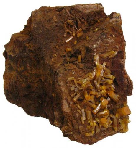 Mimetite crystals on a matrix, from Pingtouling Mine, Guangdong, China. It weighs 150,3 grams and measures 61mm by 59mm by 43mm. (Author: Paul S)