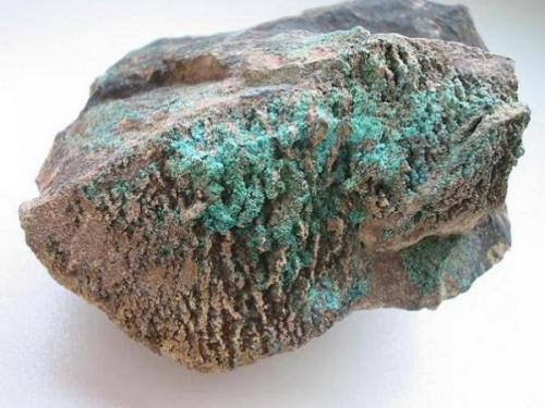 Dark bluish green allophane on dolomite from Viktor mine, Eisenberg near Korbach, Sauerland, Hesse (8,5 cm). (Author: Andreas Gerstenberg)