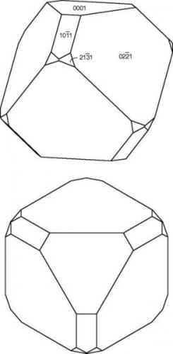 Drawings of an interpretation of the Alme calcite habit.  Top, standard crystallographic orientation.  Bottom, view corresponding to Tobias’ photos. (Author: Pete Richards)