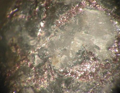 Metallic breithauptite inclusions with grey skutterudite in calcite matrix from the type locality, Samson mine near St. Andreasberg, Harz, Lower Saxony. Picture width: 5 mm. (Author: Andreas Gerstenberg)