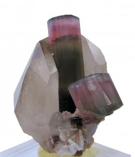 Elbaite, quartz, mica, albite?
Himalaya Mine, Gem Hill, Mesa Grande District, San Diego Co., California, USA
65 mm x 57 mm x 50 mm. Main elbaite crystal: 45 mm tall, 13 mm wide (Author: Carles Millan)