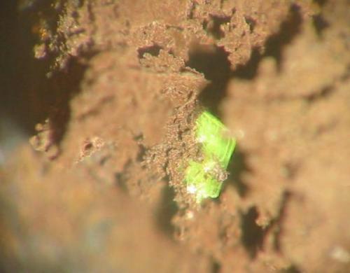 1 mm uranospinite plate on hematite from the Hartkoppe quarry, Sailauf, Spessart mtns., Hesse. (Author: Andreas Gerstenberg)