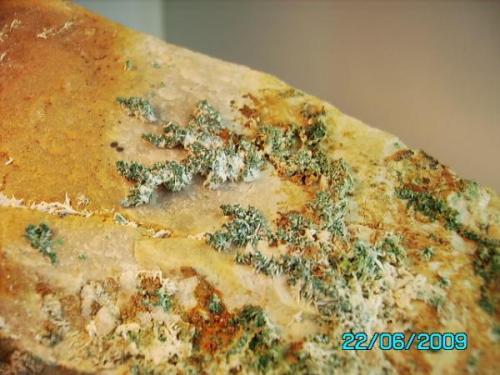 Cuprita arborescente malaquitizada y Aragonito
Pinar de Bedar  Almería
año2000
conjunto de cristales 4,2cms. (Autor: Gelo)