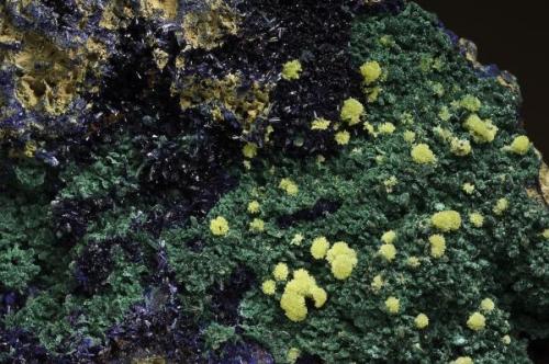 Yellow Mimetite on Azurite and Malachite. Tsumeb (Author: Gail)