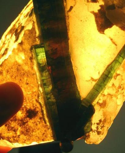 The main crystal (width 17 mm) held against a light source. The red colour of the inner crystal comes apparent. Compare this to the normal pictures taken in daylight where the crystals are simply greenish-blue (see my previous post). (Author: Tobi)