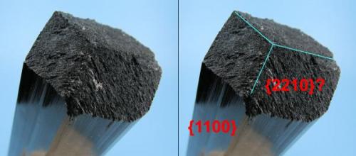 Schorl. Showing the upper tip with the Miller indices {1100} and probably {2210}. (Author: Carles Millan)