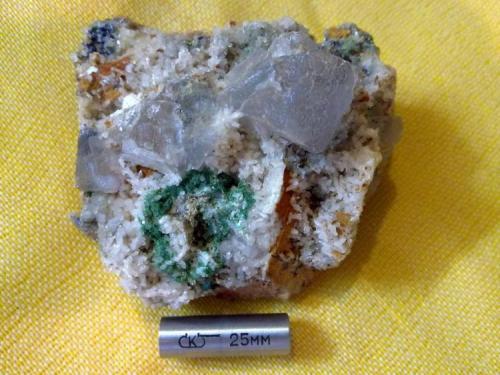 Fluorite
Komshejeh Mine (Komshecheh Mine), Komshejeh (Komshecheh), Ardestan County, Esfahan Province (Isfahan Province; Aspadana Province), Iran
Size of Fluorite crystal: 15*15 mm
A small collection in one specimen.
Fluorite , lazurite, Malachite , Azurite , Galena , Baryte , Quartz , Calcite ,Limonite , Hematite ,… (Author: h.abbasi)