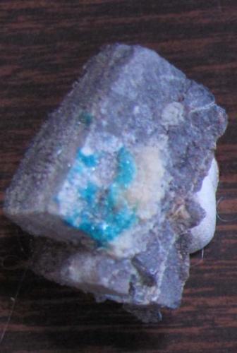 Caledonite on Anglesite ps Galena Sunshine #3 Mine. Bingham New Mexico 3 cm across (Author: Peter Megaw)