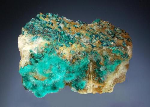 Brochantite and spangolite on a quartz and barite matrix<br />Blanchard Mine (Portales-Blanchard Mine), Portales adit, Bingham, Hansonburg District, Socorro County, New Mexico, USA<br />5 x 6.9 cm<br /> (Author: crosstimber)