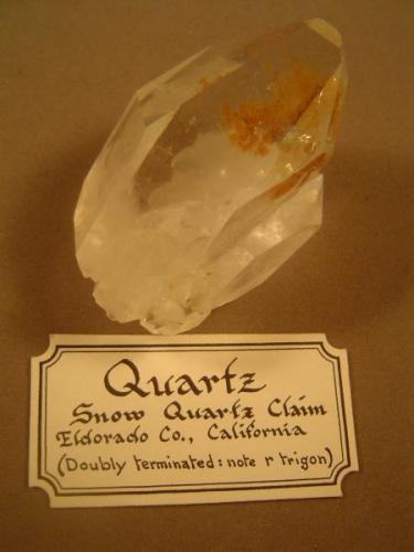 7cm X 4 cm, collected in the fall of 1978. .  The label is self-explanatory.  What makes this crystal so unique is the trigon on the main face of the crystal.  the trigon is 20mm X 15 mm, as demonstrated in the following photograph. (Author: Ed Huskinson)