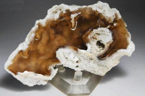Chalcedony var. agate filling a fossilized coral. Withlacooche River, Florida. 8,5 x 5 cm. A bit polished. Strong fluorescence under both short and long UV waves. (Author: Antonio Alcaide)
