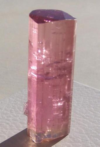Elbaite- Himalaya Mine, Mesa Grande District, San Diego County, California. Size: 4.8 x 1.6 x 1.6 cm. Doubly terminated with a thin green cap at one end. Ex. Al Ordway Collection. Photographed in natural sunlight. (Author: Grant Gibson)