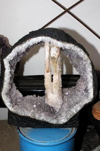 Calcite on Amethyst with Amethyst stalactite, about 55 cm in diameter (the geode) and 30 cm in height stalactite. Uruguay (Author: silvio steinhaus)