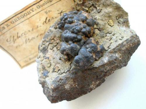 Sphaerosiderite on basalt rock from the famous location Steinheim near Hanau, Hesse. 6,5 cm sample with James R. Gregory label (1870). (Author: Andreas Gerstenberg)